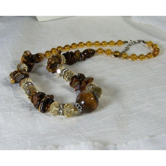 Tiger's Eye Stone Necklace Sphere Focal Two-strand Chips Rhinestone Rondelles - Picture 5 of 8